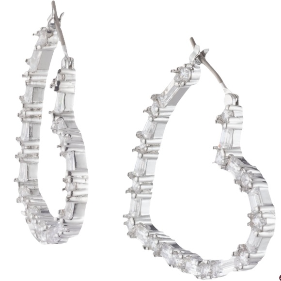 GIVENCHY Silver Pave Baguette CZ Crystal Heart Shaped Hoop Hook Earrings - Picture 2 of 11